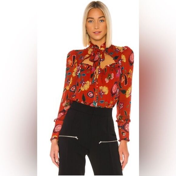 ALEXIS Elodie Pleated Chiffon Blouse Peasant Ruffle Floral Tie Front - Picture 1 of 11